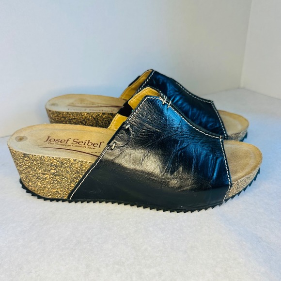 Josef Seibel Meike Black Leather Cork Wedge Slides Sandals Women Shoes sz 39/8.5 - Picture 1 of 12